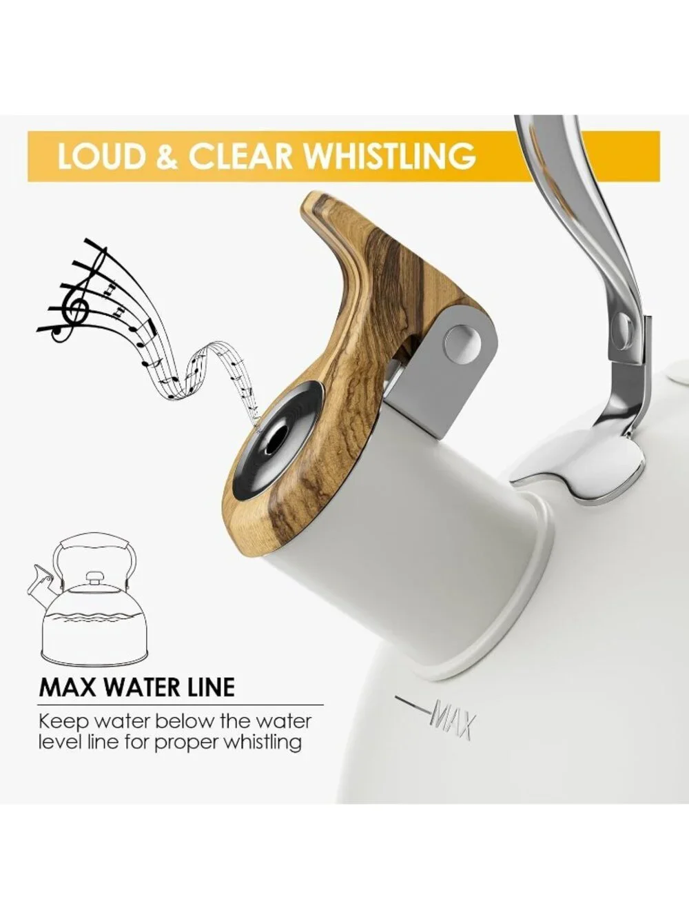 Cream Kitchen Whistling Tea Kettle 2.6 Quart Stainless Steel Stovetop Induction